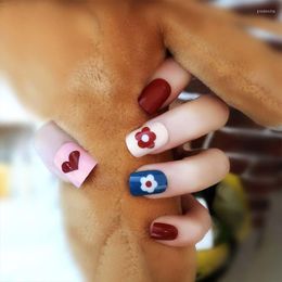 False Nails Korean Colourful Flowers Artificial Nail Tips Cute Sweet Girls Short Round Full Cover Mix Colours Fake With Glue NN