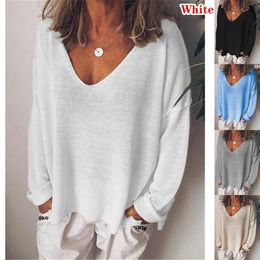 Women's TShirt Autumn Women Solid Colour Shirts Casual Loose Tops VNeck Blouses Long Sleeve Shirt 230130