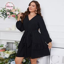 Plus size Dresses Della Mel 3XL 4XL Size Elegant for Women Black V Neck Belted Lantern Sleeve Ladies Large Evening Party Dress 230130