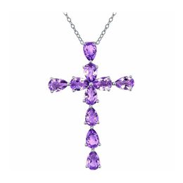 Pendant Necklaces Creative Fashion Ladies Necklace Sier Plated Inlaid Amethyst Natural Color Stone Cross Female Clavicle Gift Drop D Dhytv