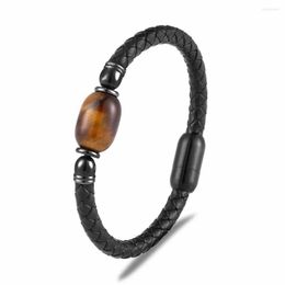 Strand 2023 Natural Stone Round Men's Bracelet Black Double Leather Rope Magnetic Buckle 19 / 21 23cm Jewelry