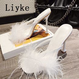 2023 New Fuzzy Thin High Heels Slippers For Women Fashion Open Toe Faux Fur Summer Party Dress Sandals Shoes Mules Sliders 0129