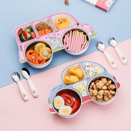 Bowls 304 Stainless Steel Dinner Plate Child Cartoon Car Tableware Spoon Fork Baby Cute Supplement Bowl Easy To Clean Cutlery Set