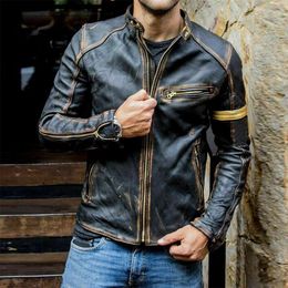Men's Jackets Retro Leather Jacket Men Winter Casual Slim Long Sleeve Turn-down Collar Zipper Coat 2023 Mens Fashion Solid PU Outerwear