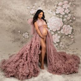 Dusty Pink Maternity Dress for Photo Shoot Sweep Train Mesh Tulle Prom Dresses Women's Boho vestido de novia