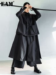 Women's Trench Coats EAM Women Black Big Size Long Pocket Trench Lapel Long Sleeve Loose Fit Windbreaker Fashion Spring Autumn 1DE3081 230130