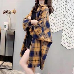 Women's Blouses Women's Long Shirts Autumn Female Shirt Plaid Women Lantern Sleeve Cotton Blouse Top Outerwear T607