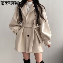 Women's Wool Blends Mid Length Topcoat Blazer Collar Woollen Coat Women Belted Winter Jacket Niche Vintage Loose Fashion Overcoat Solid Trench Coats 230130