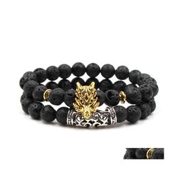 Charm Bracelets Lava Stone Bracelet Animal Wolf Head Fashion Black Frosted Volcano Beads Men Dh Drop Delivery Jewellery Dhrhy