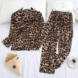 Women's Sleepwear Women's Pajamas Set V Neck Design Luxury Leopard Print Silk Like Home Clothes XXL Large Size Sexy Lingerie Nightwear