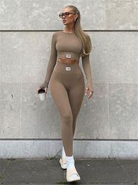 Women's Two Piece Pants Women Sports Fitness Set Long Sleeve Slim Fit Crop Tops High Waist Female Bodycon Pant Outfits Streetwear