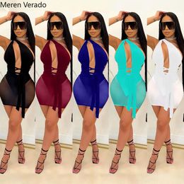 Casual Dresses Summer Mesh See Though Patchwork Halter Skew Neck Midi Dress Beach Sexy Night Party Sleeveless Backless Bodycon Pencil