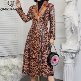 Women's Trench Coats Qian Han Zi designer Women's Casual Leopard trench coat oversize Vintage Snake patent leather Washed Outwear Belt slim Clothing 230130