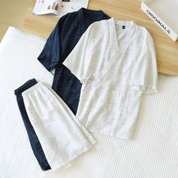 Men's Sleepwear Japanese Style Men Kimono Pyjamas Set Spring Summer Cotton Loungewear Pijamas Suit Loose Simple Stripes Steaming Clothes