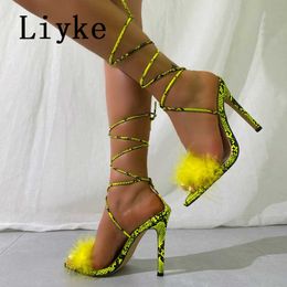 2023 Summer Fashion Women Sandals Pointed Open Toe Fluffy Feather High Heels Party Stripper Shoes Ankle Strap Sandalias 0129