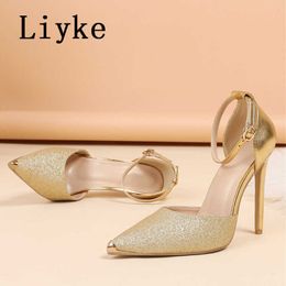 Golden Glitter Sequined Women Pumps Elegant Thin High Heels Spring Summer Fashion Ankle Strap Party Wedding Bridal Shoes 0129