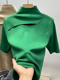 Women's TShirt Knitting T Hollow Out Solid Casual Tee Femme Half Sleeve Turtleneck Slim Thin Summer Fashion Tops Female 230130