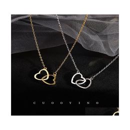 Pendant Necklaces Gold Sier Color Geometric Double Heart Necklace Simple Love Hollow Female Clavicle Chain Wedding Jewelry Gifts Cho Dhm5K