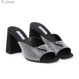 2023 Slippers Mules Shoes Womens Slides High Heels Shoes Factory Footwear Rhinestone Real Silk Chunky Block Slip-on Open Toe Luxury Designers