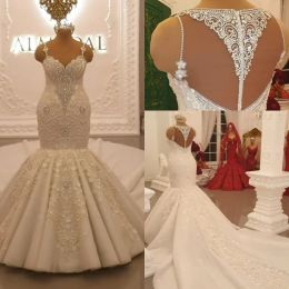 2023 Mermaid Wedding Dresses Bridal Gown Spaghetti Sleeveless Crystals Beaded 3D Floral Applique Custom Made Beach Sweep Train Country Plus Size vestido de novia