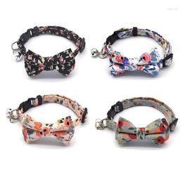 Dog Collars Big Bow Collar Grey Floral Girl Flower For Small Cotton Fabric With Rose Gold Metal Buckle