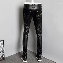 Men's Pants 2023 Fashion Splice Men Motorcycle Korean Slim Fit PU Leather Trousers Streetwear Casual Zipper Pencil Plus Size1