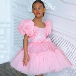 Girl Dresses Cute Kids Flower Dress Short Sleeves Scoop Neck Glitter Beading Sequin Puff First Communion Gown Christmas Party