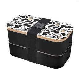 Dinnerware Sets 2023 Wooden Lid PP Material Fashionable Strap Double Layer Lunch Box Knife Fork Cow Print And Milk