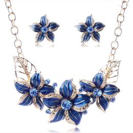 Necklace Earrings Set Crystal Enamel Flower Women African Costume Jewelry Earring 2pcs Wedding & Gift