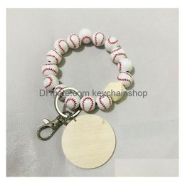 Keychains Lanyards Wood Beads Keychain For Keys Basketball Football Print Charms Wooden Wristlet Bracelet Keyring Women Men Wholes Dh8Oa