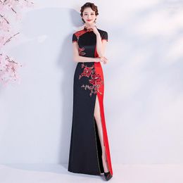 Ethnic Clothing Black-Red Patchwork Satin Chinese Dress Big Size 3XL Women Qipao Sexy Applique Flower Cheongsams Vintage Formal Party