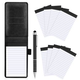 Notepads 10Pcs Mini Pocket Notepad Holder Set with Metal Pen and Notebook Refills Black 230130