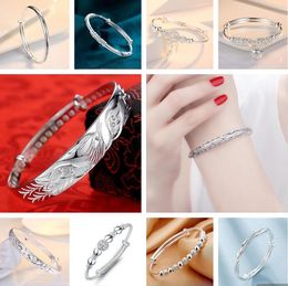925 silver plated Bangle bracelet Push-pull adjustment bracelet 10 style selection charm Lucky pearl flower peacock phoenix