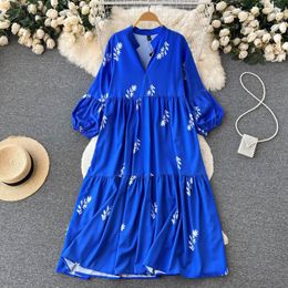 Casual Dresses Clothland Women Elegant Floral Midi Dress V Neck Long Sleeve High Waist Straight Royal Blue Mid Calf Vestido QB472