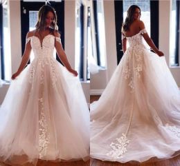 Gorgeous Lace Tulle African A Line Wedding Dresses Sexy Off Shoulders Backless With Buttons Covered Appliques Lace Bridal Gowns Plus Size new BC14966