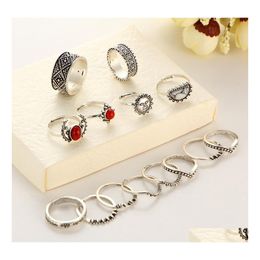 Band Rings Vintage Sier Carved Joint Ring 14Piece Combination Set Womens Bague Femme Women Men Drop Delivery Jewellery Dhqei