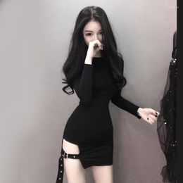 Casual Dresses 2023 Slim Slit Thin And Tight Long Sleeve Buttock Black Sexy Dress Women's