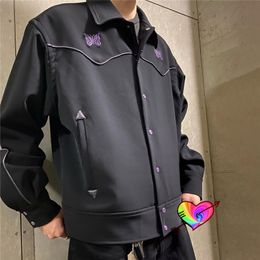 Men's Jackets Black Needles Men Women Purple Stripe Butterfly Embroidery AWGE NEEDLES Track Jacket High Street Outerwear Coats 230130