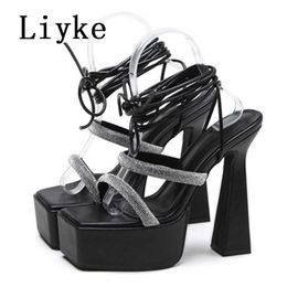 Neue Mode Strass Frauen Plattform Sandalen Sommer Offene spitze Knöchel Kreuz Lace-Up High Heels Party Hochzeit Stripper Schuhe 0129