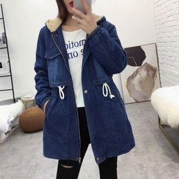 Women's Jackets Female Hooded Denim Coat Autumn Winter 2023 Ladies Ethnic Style Embroidery Waist Thickened Fleece Overcoat Warm Jacket Women