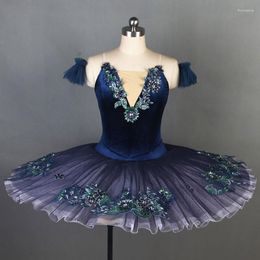 Stage Wear Girl Blue Bird V Neck Pancake Tutu Ballerina Dress Platter Stiff Tulle Classical Ballet Costumes In Royal Black