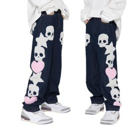 Men's Jeans Men's American Street Fashion Brand Skull Towel Embroidered Hip Hop High And Women's Denim Straight Unisex Trousers