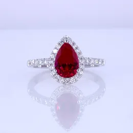 Cluster Rings 10K Soild White Gold Fashion Jewellery 6 9mm Pear Lab Grown Ruby & Diamond Ring For Girl