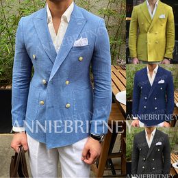 Men's Suits Blazers Summer Beach Linen Blazer Hombre Glod Double-breasted Casual Men's Jacket Slim Fit Men's Social Coat Custom Made Veste Homme 230130