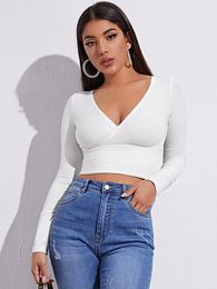 Women's TShirt Women Casual Solid Long Sleeve Crop Tshirt Fashion VCollar Bare Midriff Stretch Tops Ribbed Knitted Elastic Slim Skinny Tees 230130