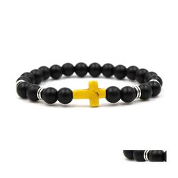 Charm Bracelets Cross Men Bracelet Brand Wholesale Unisex Stone Hand Work Black Onyx Volcano Matte Beaded Drop Delivery Jewelry Dhdub