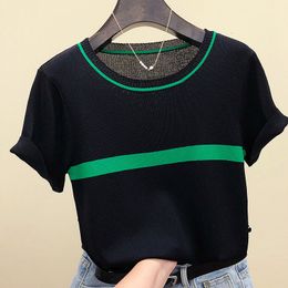 Women's TShirt LJSXLS Knitted T Women Summer ONeck Short Sleeve Tshirt Female Striped Casual Tops Tee Clothing 230130