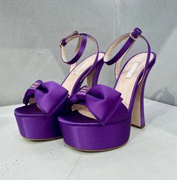 Dress shoes Purple Satin Bow Platform Sandals Pumps Shoes for womens Evening shoes women heeled 14cm exposed toe Designers ankle strap super high sandals With Box