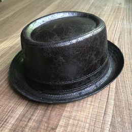 Wide Brim Hats Leather Pork Pie Fedora Hat Men Boater Flat Top For Gentleman Dad Porkpie Gambler Big 4Size