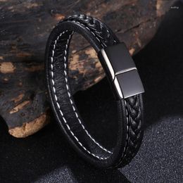 Charm Bracelets 2023 Punk Stainless Steel Black Clasp Leather Bracelet For Men Bangles Handmade Jewellery SP1281